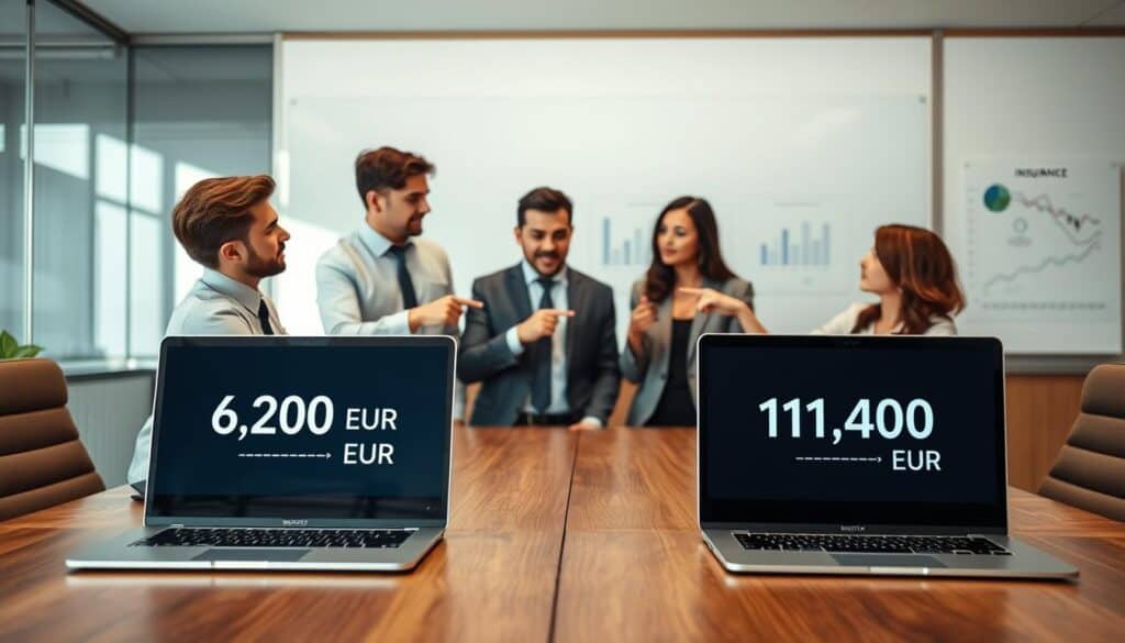 A modern office setting with a wooden conference table in the foreground, featuring two laptops displaying contrasting insurance price quotes: "6,200 EUR" on one screen and "11,400 EUR" on the other. In the middle ground, a diverse group of three professionals—two men and one woman—are engaged in a discussion, all dressed in professional business attire. They are analyzing the data, pointing towards the screens with focused expressions. The background shows a sleek, whiteboard with analytical charts and a large window allowing soft, natural light to illuminate the scene, creating a collaborative and thoughtful atmosphere. The angle is slightly elevated, capturing both the subjects and the laptops effectively. A modern office setting with a wooden conference table in the foreground, featuring two laptops displaying contrasting insurance price quotes: "6,200 EUR" on one screen and "11,400 EUR" on the other. In the middle ground, a diverse group of three professionals—two men and one woman—are engaged in a discussion, all dressed in professional business attire. They are analyzing the data, pointing towards the screens with focused expressions. The background shows a sleek, whiteboard with analytical charts and a large window allowing soft, natural light to illuminate the scene, creating a collaborative and thoughtful atmosphere. The angle is slightly elevated, capturing both the subjects and the laptops effectively.