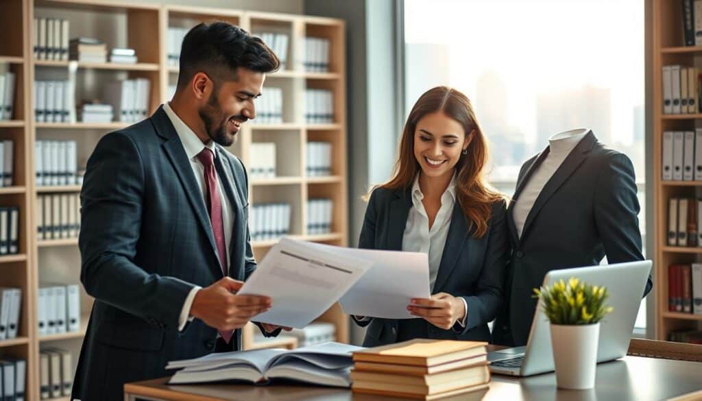 A professional and inviting office environment symbolizes customer benefits in insurance. In the foreground, two diverse business professionals, a man and a woman, are engaged in a friendly discussion, wearing smart business attire. They are analyzing documents and a laptop, clearly illustrating the theme of financial comparison. In the middle ground, a large window reveals a bright, sunny day, with city skyline views, enhancing the sense of opportunity. The background features shelves filled with neatly organized books and files, representing knowledge and trust. Soft, natural lighting streams in through the window, casting a warm and welcoming glow throughout the space. The overall mood conveys collaboration, professionalism, and a sense of empowerment for clients making informed decisions. A professional and inviting office environment symbolizes customer benefits in insurance. In the foreground, two diverse business professionals, a man and a woman, are engaged in a friendly discussion, wearing smart business attire. They are analyzing documents and a laptop, clearly illustrating the theme of financial comparison. In the middle ground, a large window reveals a bright, sunny day, with city skyline views, enhancing the sense of opportunity. The background features shelves filled with neatly organized books and files, representing knowledge and trust. Soft, natural lighting streams in through the window, casting a warm and welcoming glow throughout the space. The overall mood conveys collaboration, professionalism, and a sense of empowerment for clients making informed decisions.