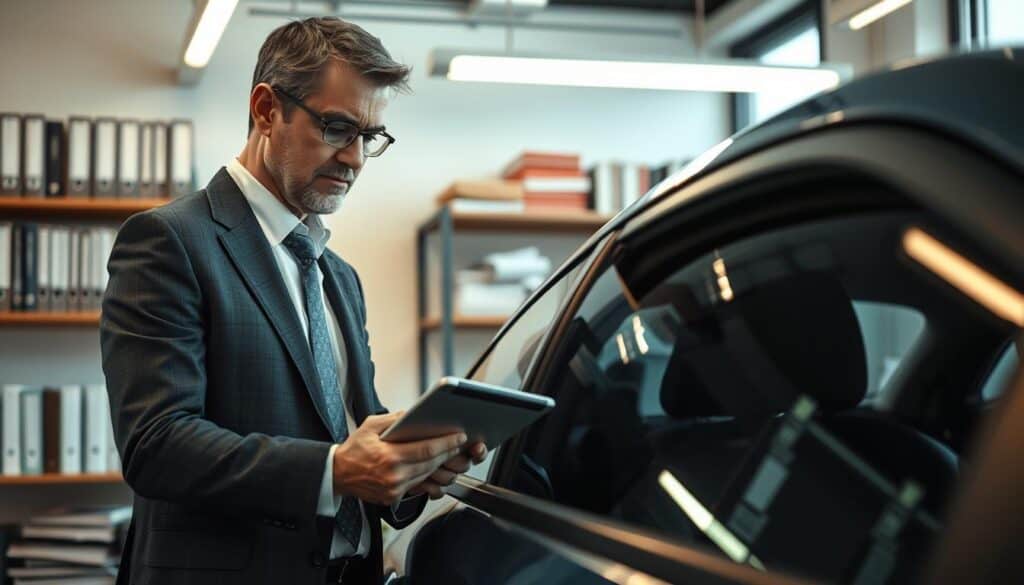 A professional appraiser evaluating damages in a bright, modern office setting. In the foreground, a middle-aged male appraiser in business attire is inspecting a damaged vehicle using a tablet, focused and thoughtful. In the middle ground, a detailed view of the vehicle's damaged areas, displaying dents and scratches under bright fluorescent lighting. In the background, shelves filled with insurance books and tools related to damage assessment, creating a rich and informative ambiance. Soft natural light from a nearby window enhances the professional atmosphere, with a subtle depth of field to keep attention on the appraiser and the vehicle. The overall mood is serious and analytical, reflecting the critical role of the appraiser in the valuation process. A professional appraiser evaluating damages in a bright, modern office setting. In the foreground, a middle-aged male appraiser in business attire is inspecting a damaged vehicle using a tablet, focused and thoughtful. In the middle ground, a detailed view of the vehicle's damaged areas, displaying dents and scratches under bright fluorescent lighting. In the background, shelves filled with insurance books and tools related to damage assessment, creating a rich and informative ambiance. Soft natural light from a nearby window enhances the professional atmosphere, with a subtle depth of field to keep attention on the appraiser and the vehicle. The overall mood is serious and analytical, reflecting the critical role of the appraiser in the valuation process.