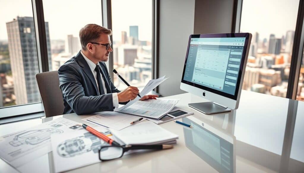 A professional automotive appraiser, depicted in smart business attire, sits at a sleek modern desk in an office setting, analyzing a computer screen displaying vehicle valuation data. In the foreground, the appraiser is focused on a detailed report, with a magnifying glass in hand, symbolizing precision and thoroughness. The middle ground features automotive diagrams and valuation sheets scattered around, suggesting a serious, analytical atmosphere. In the background, a large window reveals a cityscape under bright natural lighting, conveying a sense of trust and professionalism. The image evokes confidence and expertise, suitable for illustrating the advantages of choosing the MOTOEXPERT valuation. A professional automotive appraiser, depicted in smart business attire, sits at a sleek modern desk in an office setting, analyzing a computer screen displaying vehicle valuation data. In the foreground, the appraiser is focused on a detailed report, with a magnifying glass in hand, symbolizing precision and thoroughness. The middle ground features automotive diagrams and valuation sheets scattered around, suggesting a serious, analytical atmosphere. In the background, a large window reveals a cityscape under bright natural lighting, conveying a sense of trust and professionalism. The image evokes confidence and expertise, suitable for illustrating the advantages of choosing the MOTOEXPERT valuation.