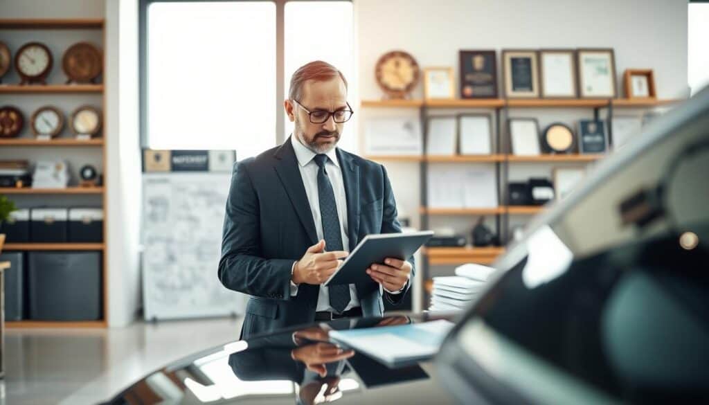 A professional automotive appraiser, dressed in a smart business suit, examines a vehicle in a bright, well-organized office filled with automotive blueprints and valuation reports. In the foreground, the appraiser uses a digital tablet, focused on the car's details, showcasing expertise and attention to detail. In the middle ground, an elegant desk displays various automotive tools and documents related to vehicle valuations. The background features shelves adorned with awards and industry certifications, emphasizing the credibility of MOTOEXPERT. Soft, natural lighting streams through a large window, creating a warm and inviting atmosphere, with a slight focus on the vehicle being appraised, suggesting a thorough understanding of its worth. A professional automotive appraiser, dressed in a smart business suit, examines a vehicle in a bright, well-organized office filled with automotive blueprints and valuation reports. In the foreground, the appraiser uses a digital tablet, focused on the car's details, showcasing expertise and attention to detail. In the middle ground, an elegant desk displays various automotive tools and documents related to vehicle valuations. The background features shelves adorned with awards and industry certifications, emphasizing the credibility of MOTOEXPERT. Soft, natural lighting streams through a large window, creating a warm and inviting atmosphere, with a slight focus on the vehicle being appraised, suggesting a thorough understanding of its worth.