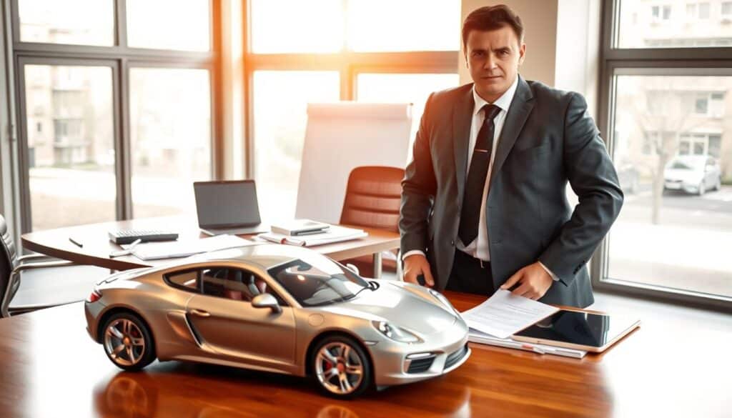 A professional automotive appraiser, representing MOTOEXPERT, stands confidently in an office setting. He wears a sharp, tailored suit, exuding authority and expertise. In the foreground, a sleek metallic car model, perhaps a sports sedan, is carefully displayed on a polished wooden table, symbolizing the valuation process of 15,000 EUR. The middle ground features a modern desk cluttered with assessment documents, a calculator, and a digital tablet, reflecting a serious business environment. In the background, large windows allow natural light to flood the room, creating a warm yet professional atmosphere. The mood is focused and engaged, capturing the essence of a high-stakes evaluation, with a soft depth of field to emphasize the appraiser. The angle is slightly elevated, providing a comprehensive view of the setting without distractions. A professional automotive appraiser, representing MOTOEXPERT, stands confidently in an office setting. He wears a sharp, tailored suit, exuding authority and expertise. In the foreground, a sleek metallic car model, perhaps a sports sedan, is carefully displayed on a polished wooden table, symbolizing the valuation process of 15,000 EUR. The middle ground features a modern desk cluttered with assessment documents, a calculator, and a digital tablet, reflecting a serious business environment. In the background, large windows allow natural light to flood the room, creating a warm yet professional atmosphere. The mood is focused and engaged, capturing the essence of a high-stakes evaluation, with a soft depth of field to emphasize the appraiser. The angle is slightly elevated, providing a comprehensive view of the setting without distractions.