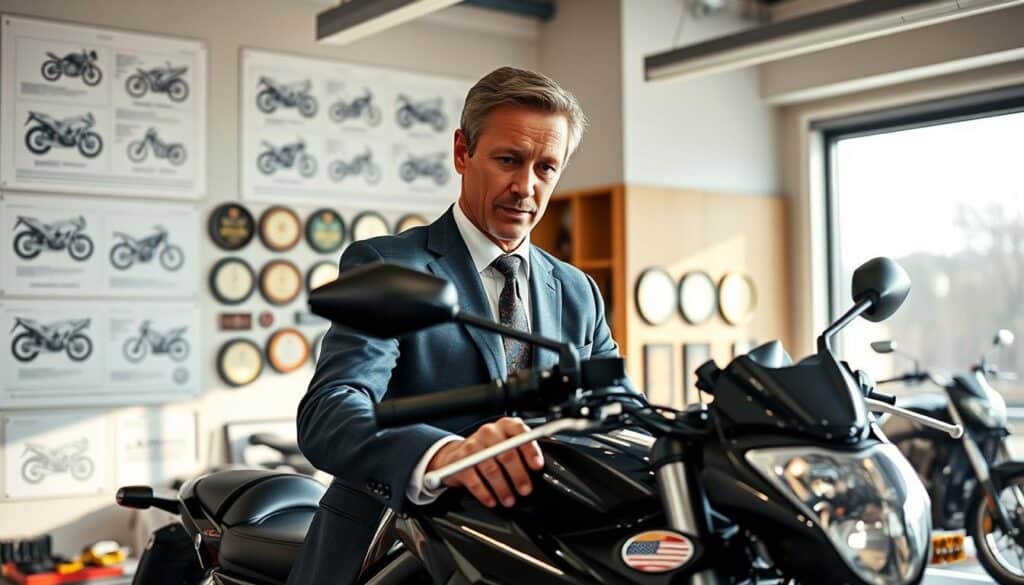 A professional automotive expert, depicted as a middle-aged Caucasian man in a sharp suit, confidently examining a motorcycle in a well-lit office with high-tech tools scattered around. The background showcases a sleek office setting with blueprints of motorcycle designs and an impressive wall display of awards. Soft natural lighting enhances the scene, while a large window reveals a sunny day outside, creating a vibrant yet professional atmosphere. The focus is on the expert's attentive expression as he analyzes the bike, emphasizing trust and expertise. The camera angle is slightly elevated, capturing both the subject and the intricate details of the motorcycle, highlighting the theme of accurate valuation and professional assessment in the automotive industry. A professional automotive expert, depicted as a middle-aged Caucasian man in a sharp suit, confidently examining a motorcycle in a well-lit office with high-tech tools scattered around. The background showcases a sleek office setting with blueprints of motorcycle designs and an impressive wall display of awards. Soft natural lighting enhances the scene, while a large window reveals a sunny day outside, creating a vibrant yet professional atmosphere. The focus is on the expert's attentive expression as he analyzes the bike, emphasizing trust and expertise. The camera angle is slightly elevated, capturing both the subject and the intricate details of the motorcycle, highlighting the theme of accurate valuation and professional assessment in the automotive industry.