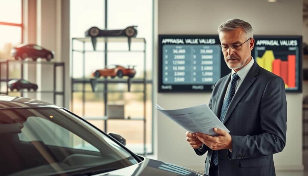 A professional automotive expert, depicted as a middle-aged man in a smart business suit, stands confidently beside a sleek car in a well-lit office environment. In the foreground, he is studying a detailed report, analyzing data with a focused expression. The middle ground features a large window showcasing a sunny day outside and car models mounted on shelves, symbolizing expertise in the automotive field. In the background, a large digital display shows a comparison of appraisal values, creating an analytical atmosphere. Soft, natural lighting enhances the professionalism of the scene, with a slight depth of field focusing on the expert while subtly blurring the background. The overall mood conveys authority and trust in the assessment process. A professional automotive expert, depicted as a middle-aged man in a smart business suit, stands confidently beside a sleek car in a well-lit office environment. In the foreground, he is studying a detailed report, analyzing data with a focused expression. The middle ground features a large window showcasing a sunny day outside and car models mounted on shelves, symbolizing expertise in the automotive field. In the background, a large digital display shows a comparison of appraisal values, creating an analytical atmosphere. Soft, natural lighting enhances the professionalism of the scene, with a slight depth of field focusing on the expert while subtly blurring the background. The overall mood conveys authority and trust in the assessment process.