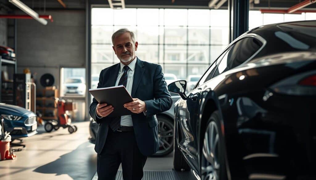 A professional automotive expert, depicted as a middle-aged man in business attire, is analyzing a car with a focused expression. He holds a clipboard and stands in a well-lit garage filled with various car models and tools, emphasizing his role as a specialist appraiser. The background features a large window showcasing an outdoor view of an industrial area, drenched in natural light that enhances the scene's clarity. In the foreground, a sleek car is on a lift, highlighting its intricate details. Soft shadows cover the garage floor, contributing to a serious yet approachable atmosphere, perfect for illustrating the importance of specialized valuation in complex automotive situations. A professional automotive expert, depicted as a middle-aged man in business attire, is analyzing a car with a focused expression. He holds a clipboard and stands in a well-lit garage filled with various car models and tools, emphasizing his role as a specialist appraiser. The background features a large window showcasing an outdoor view of an industrial area, drenched in natural light that enhances the scene's clarity. In the foreground, a sleek car is on a lift, highlighting its intricate details. Soft shadows cover the garage floor, contributing to a serious yet approachable atmosphere, perfect for illustrating the importance of specialized valuation in complex automotive situations.