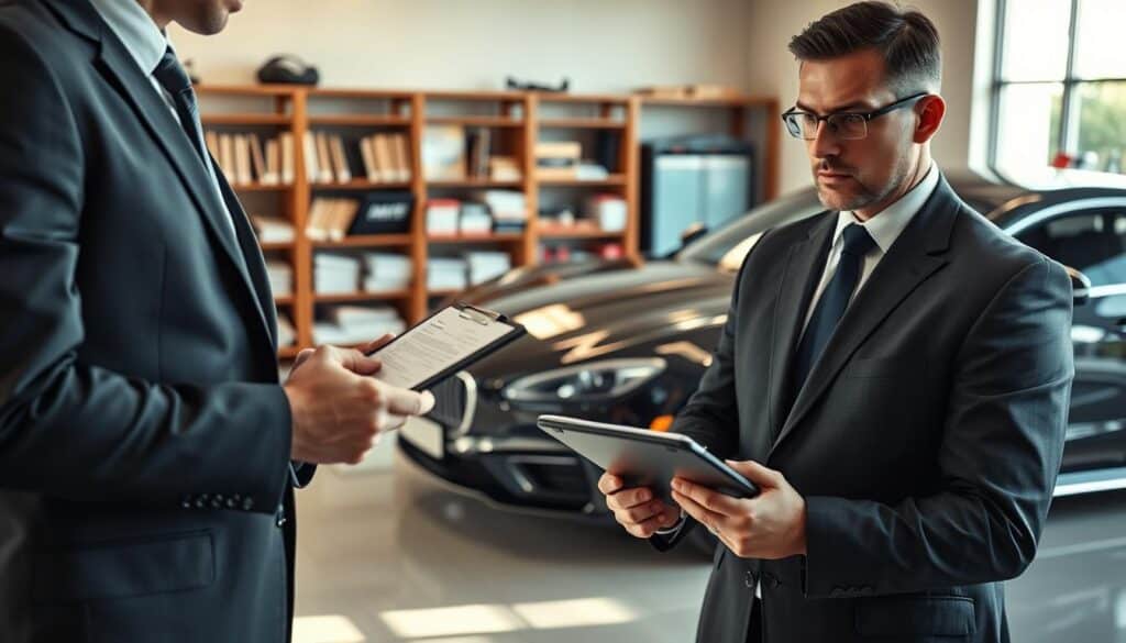 A professional automotive expert, depicted in smart business attire, examining a vehicle in a well-lit, modern office environment. The foreground features a detailed view of the expert holding a clipboard and taking notes, with a focused expression that conveys expertise and diligence. In the middle, a sleek, high-end car is visibly being assessed, highlighting its features such as polished paint and intricate design elements. In the background, shelves filled with automotive manuals and tools suggest a workspace dedicated to vehicle appraisal. The lighting is warm and natural, enhancing the professional atmosphere. The overall mood is one of trust and competency, underscoring the importance of the expert's role in vehicle valuation. A professional automotive expert, depicted in smart business attire, examining a vehicle in a well-lit, modern office environment. The foreground features a detailed view of the expert holding a clipboard and taking notes, with a focused expression that conveys expertise and diligence. In the middle, a sleek, high-end car is visibly being assessed, highlighting its features such as polished paint and intricate design elements. In the background, shelves filled with automotive manuals and tools suggest a workspace dedicated to vehicle appraisal. The lighting is warm and natural, enhancing the professional atmosphere. The overall mood is one of trust and competency, underscoring the importance of the expert's role in vehicle valuation.