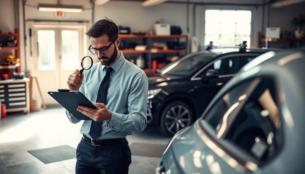 A professional automotive expert, dressed in formal attire, inspects a car in a well-lit garage setting. The foreground features the expert examining a vehicle's bodywork with a clipboard and a magnifying glass, showcasing their attention to detail. In the middle ground, a representative vehicle is parked, displaying a shiny exterior, emphasizing quality and maintenance. The background includes various tools and equipment on shelves, hinting at an organized workspace. Natural light streams through a window, creating a bright and inviting atmosphere. The overall mood reflects professionalism, expertise, and dedication to accurate vehicle assessment, capturing the essence of the automotive appraisal process. A professional automotive expert, dressed in formal attire, inspects a car in a well-lit garage setting. The foreground features the expert examining a vehicle's bodywork with a clipboard and a magnifying glass, showcasing their attention to detail. In the middle ground, a representative vehicle is parked, displaying a shiny exterior, emphasizing quality and maintenance. The background includes various tools and equipment on shelves, hinting at an organized workspace. Natural light streams through a window, creating a bright and inviting atmosphere. The overall mood reflects professionalism, expertise, and dedication to accurate vehicle assessment, capturing the essence of the automotive appraisal process.