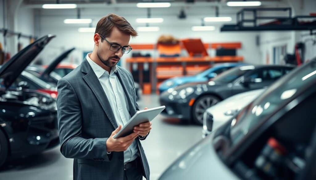 A professional automotive expert examining a car with a digital tablet in a well-lit garage. In the foreground, the expert, dressed in a smart business outfit, focuses intently on the tablet's screen, analyzing automotive specifications and valuations. In the middle ground, several high-end vehicles are showcased, reflecting a variety of makes and models, all maintained with care. The background features tools and equipment neatly organized, emphasizing a professional environment. Soft, diffused lighting enhances the scene's clarity and professionalism, while a slight depth of field blurs the background, drawing attention to the expert's work. This image exudes a sense of expertise, precision, and the importance of accurate vehicle valuations in automotive assessments. A professional automotive expert examining a car with a digital tablet in a well-lit garage. In the foreground, the expert, dressed in a smart business outfit, focuses intently on the tablet's screen, analyzing automotive specifications and valuations. In the middle ground, several high-end vehicles are showcased, reflecting a variety of makes and models, all maintained with care. The background features tools and equipment neatly organized, emphasizing a professional environment. Soft, diffused lighting enhances the scene's clarity and professionalism, while a slight depth of field blurs the background, drawing attention to the expert's work. This image exudes a sense of expertise, precision, and the importance of accurate vehicle valuations in automotive assessments.