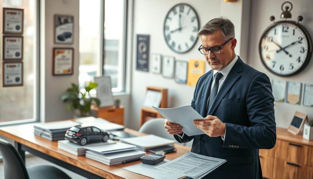 A professional automotive expert, known as "rzeczoznawca MOTOEXPERT," stands confidently in a modern office setting. In the foreground, the expert, a middle-aged Caucasian man in a tailored navy suit and glasses, examines vehicle appraisal documents with a focused expression. In the middle, a large wooden desk is cluttered with folders, a calculator, and a model car, symbolizing thorough evaluations. The background features a large window, allowing soft natural light to illuminate the scene, creating a welcoming atmosphere. The walls are adorned with automotive certificates and awards, showcasing expertise, while a large clock ticks steadily, emphasizing the importance of timely assessments. The overall mood conveys professionalism and diligence, ideal for an article on insurance evaluations and expert recommendations. A professional automotive expert, known as "rzeczoznawca MOTOEXPERT," stands confidently in a modern office setting. In the foreground, the expert, a middle-aged Caucasian man in a tailored navy suit and glasses, examines vehicle appraisal documents with a focused expression. In the middle, a large wooden desk is cluttered with folders, a calculator, and a model car, symbolizing thorough evaluations. The background features a large window, allowing soft natural light to illuminate the scene, creating a welcoming atmosphere. The walls are adorned with automotive certificates and awards, showcasing expertise, while a large clock ticks steadily, emphasizing the importance of timely assessments. The overall mood conveys professionalism and diligence, ideal for an article on insurance evaluations and expert recommendations.