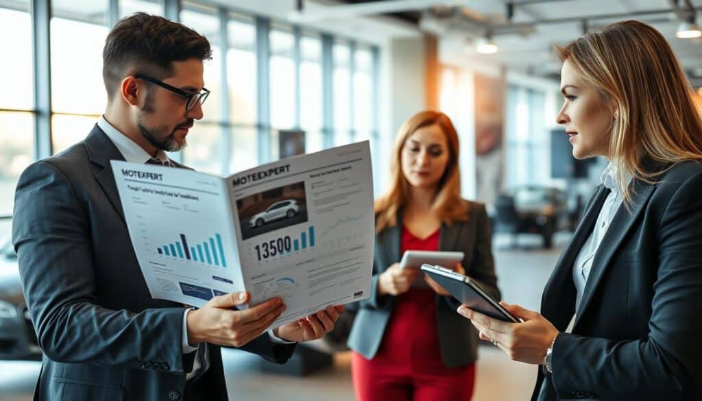 A professional business meeting scene featuring two diverse individuals engaged in a discussion about vehicle valuation. In the foreground, one person, dressed in smart business attire, reviews a detailed report titled "MOTOEXPERT" showcasing a vehicle worth 13,500 EUR, with graphs and charts illustrating the valuation process. The other person listens attentively, taking notes on a digital device, indicating a serious exchange. The middle ground includes an office environment with large windows allowing warm, natural light to filter in, creating a bright and inviting atmosphere. The background features a sleek, modern office with automotive-related visuals, such as car models or posters of vehicles. The overall mood is professional and collaborative, emphasizing the importance of accurate vehicle valuations in the insurance industry, with a focus on MOTOEXPERT's credibility. A professional business meeting scene featuring two diverse individuals engaged in a discussion about vehicle valuation. In the foreground, one person, dressed in smart business attire, reviews a detailed report titled "MOTOEXPERT" showcasing a vehicle worth 13,500 EUR, with graphs and charts illustrating the valuation process. The other person listens attentively, taking notes on a digital device, indicating a serious exchange. The middle ground includes an office environment with large windows allowing warm, natural light to filter in, creating a bright and inviting atmosphere. The background features a sleek, modern office with automotive-related visuals, such as car models or posters of vehicles. The overall mood is professional and collaborative, emphasizing the importance of accurate vehicle valuations in the insurance industry, with a focus on MOTOEXPERT's credibility.