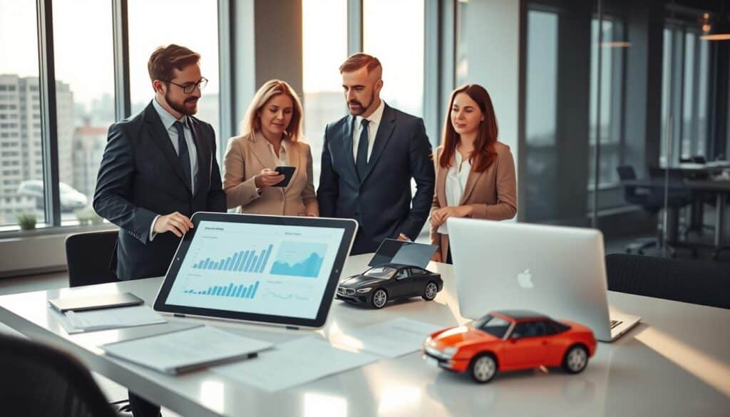 A professional business office environment showcasing the future of car insurance in Germany. In the foreground, a diverse group of three professionals in smart business attire are engaged in a discussion, with one pointing towards a digital tablet displaying graphs and data related to car insurance evaluations. The middle area features a sleek modern desk cluttered with insurance paperwork, a laptop open, and a model car representing the auto insurance industry. The background shows large windows allowing natural light which illuminates the office, providing a bright and optimistic atmosphere. Soft-focus cityscape visible through the windows symbolizes progress and innovation. The overall mood is forward-thinking, professional, and focused on the evolution of the insurance market. The composition should be bright and inviting, shot from a slightly elevated angle to capture all elements effectively. A professional business office environment showcasing the future of car insurance in Germany. In the foreground, a diverse group of three professionals in smart business attire are engaged in a discussion, with one pointing towards a digital tablet displaying graphs and data related to car insurance evaluations. The middle area features a sleek modern desk cluttered with insurance paperwork, a laptop open, and a model car representing the auto insurance industry. The background shows large windows allowing natural light which illuminates the office, providing a bright and optimistic atmosphere. Soft-focus cityscape visible through the windows symbolizes progress and innovation. The overall mood is forward-thinking, professional, and focused on the evolution of the insurance market. The composition should be bright and inviting, shot from a slightly elevated angle to capture all elements effectively.