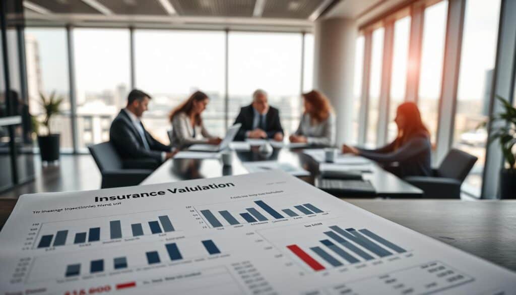 A professional business setting illustrating a financial analysis. In the foreground, a detailed, visually appealing representation of a financial report titled "Insurance Valuation: 6,800 EUR", featuring graphs, charts, and numerical data presented clearly and effectively. In the middle ground, a diverse group of professionals, dressed in business attire, engaged in a discussion around a modern conference table with laptops and documents spread out. The background shows a sleek office environment with large windows, allowing natural light to flood in, highlighting a cityscape. The atmosphere should convey seriousness and dedication to financial objectives, with a slight hint of tension typical in high-stakes business environments. Capture the image with a soft-focus lens to create depth, emphasizing the professionals and the report. A professional business setting illustrating a financial analysis. In the foreground, a detailed, visually appealing representation of a financial report titled "Insurance Valuation: 6,800 EUR", featuring graphs, charts, and numerical data presented clearly and effectively. In the middle ground, a diverse group of professionals, dressed in business attire, engaged in a discussion around a modern conference table with laptops and documents spread out. The background shows a sleek office environment with large windows, allowing natural light to flood in, highlighting a cityscape. The atmosphere should convey seriousness and dedication to financial objectives, with a slight hint of tension typical in high-stakes business environments. Capture the image with a soft-focus lens to create depth, emphasizing the professionals and the report.