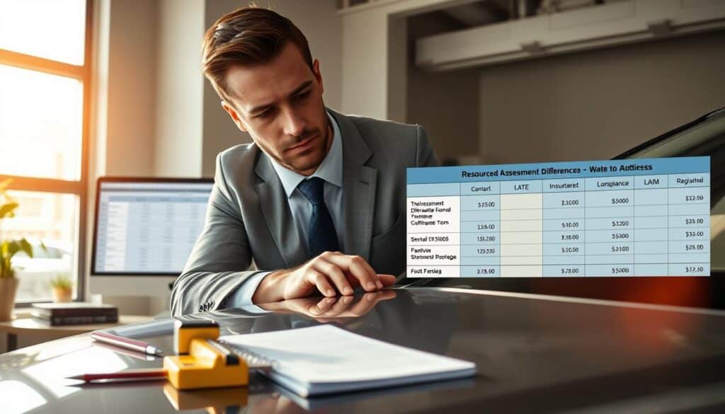 A professional insurance adjuster, wearing business attire, examines a car's surface for damage in an office setting. In the foreground, tools like measuring devices and a notepad filled with notes are visible. The middle layer features a desktop with a computer displaying a resources spreadsheet highlighting assessment differences between two insurers. In the background, a large window allows sunlight to stream in, casting soft shadows and creating a warm, analytical atmosphere. The adjuster's focused expression conveys diligence and expertise. The overall mood is serious yet calm, emphasizing trust and professionalism in the valuation process. The scene is lit with natural light, captured from a slightly elevated angle to provide depth and context. A professional insurance adjuster, wearing business attire, examines a car's surface for damage in an office setting. In the foreground, tools like measuring devices and a notepad filled with notes are visible. The middle layer features a desktop with a computer displaying a resources spreadsheet highlighting assessment differences between two insurers. In the background, a large window allows sunlight to stream in, casting soft shadows and creating a warm, analytical atmosphere. The adjuster's focused expression conveys diligence and expertise. The overall mood is serious yet calm, emphasizing trust and professionalism in the valuation process. The scene is lit with natural light, captured from a slightly elevated angle to provide depth and context.