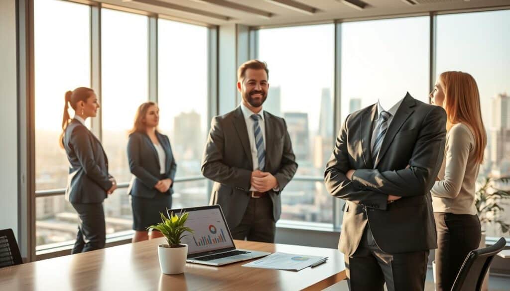A professional insurance agent standing confidently in a modern office environment, dressed in sharp business attire, representing trust and reliability. In the foreground, the agent engages in a discussion with clients, their expressions reflecting assurance and satisfaction. The middle ground features a sleek desk equipped with insurance documents, a laptop displaying charts, and a potted plant, symbolizing growth and stability. The background incorporates large windows showcasing a vibrant city skyline, bathed in warm morning light that creates a welcoming atmosphere. The overall mood is one of professionalism and trust, highlighting the reputation of insurance providers and the importance of client relationships in the industry. A professional insurance agent standing confidently in a modern office environment, dressed in sharp business attire, representing trust and reliability. In the foreground, the agent engages in a discussion with clients, their expressions reflecting assurance and satisfaction. The middle ground features a sleek desk equipped with insurance documents, a laptop displaying charts, and a potted plant, symbolizing growth and stability. The background incorporates large windows showcasing a vibrant city skyline, bathed in warm morning light that creates a welcoming atmosphere. The overall mood is one of professionalism and trust, highlighting the reputation of insurance providers and the importance of client relationships in the industry.