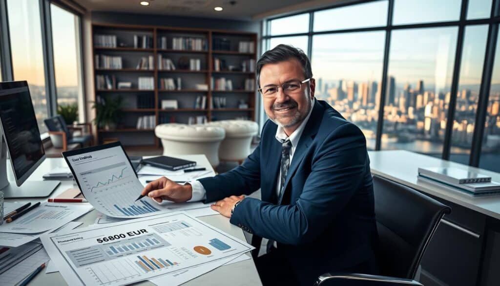 A professional insurance consultant with expertise in vehicle valuation, seated at a modern desk crowded with documents and a laptop displaying an insurance platform. In the foreground, focus on a comprehensive report highlighting the figure "6,800 EUR," with graphs and charts showcasing the valuation process. The middle ground includes a sleek office environment, with bookshelves filled with industry-related materials and a large window allowing natural light to flood the space. The background features serene city skyline views, enhancing the professional ambiance. The lighting is bright and inviting, capturing a sense of diligence and authority. The mood reflects focused analysis and expertise, emphasizing the importance of accurate vehicle valuation in the insurance industry. A professional insurance consultant with expertise in vehicle valuation, seated at a modern desk crowded with documents and a laptop displaying an insurance platform. In the foreground, focus on a comprehensive report highlighting the figure "6,800 EUR," with graphs and charts showcasing the valuation process. The middle ground includes a sleek office environment, with bookshelves filled with industry-related materials and a large window allowing natural light to flood the space. The background features serene city skyline views, enhancing the professional ambiance. The lighting is bright and inviting, capturing a sense of diligence and authority. The mood reflects focused analysis and expertise, emphasizing the importance of accurate vehicle valuation in the insurance industry.