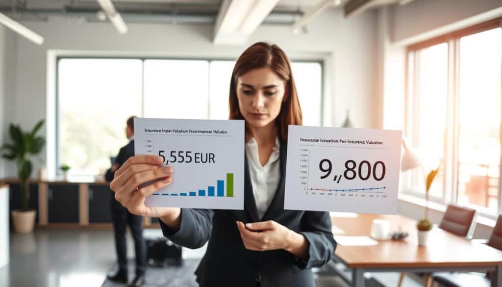 A professional, modern office setting showcasing a comparison of insurance valuation data. In the foreground, a confident businesswoman in professional attire analyzes two contrasting visual graphs illustrating the values 5,555 EUR and 9,800 EUR. The middle ground features clear, detailed charts with vibrant colors for easy distinction. In the background, large windows allow natural light to flood the room, accentuating a sleek, contemporary workspace with subtle decorations. The atmosphere is focused and analytical, with a sense of serious professionalism. Soft lighting enhances the clarity of the graphs, while a slight depth of field emphasizes the subject and charts. This composition clearly conveys the theme of analysis and comparison. A professional, modern office setting showcasing a comparison of insurance valuation data. In the foreground, a confident businesswoman in professional attire analyzes two contrasting visual graphs illustrating the values 5,555 EUR and 9,800 EUR. The middle ground features clear, detailed charts with vibrant colors for easy distinction. In the background, large windows allow natural light to flood the room, accentuating a sleek, contemporary workspace with subtle decorations. The atmosphere is focused and analytical, with a sense of serious professionalism. Soft lighting enhances the clarity of the graphs, while a slight depth of field emphasizes the subject and charts. This composition clearly conveys the theme of analysis and comparison.
