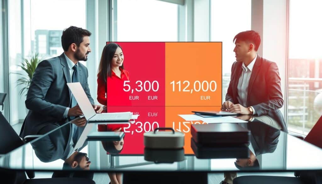 A professional office environment illustrating car insurance evaluations. In the foreground, a diverse group of three professionals, two men and one woman, are discussing insurance policies over a sleek glass conference table filled with documents and a laptop displaying financial graphs. The middle of the image features a large digital screen showing two contrasting insurance quotes: "5,300 EUR" and "12,000 EUR," highlighted in bold, contrasting colors. The background includes a modern office with large windows, allowing natural light to illuminate the scene, giving a bright, optimistic atmosphere. The professionals are dressed in formal business attire, exuding a sense of seriousness and focus. The image captures the analytical nature of determining compensation amounts, reflecting a mood of professionalism and diligence. A professional office environment illustrating car insurance evaluations. In the foreground, a diverse group of three professionals, two men and one woman, are discussing insurance policies over a sleek glass conference table filled with documents and a laptop displaying financial graphs. The middle of the image features a large digital screen showing two contrasting insurance quotes: "5,300 EUR" and "12,000 EUR," highlighted in bold, contrasting colors. The background includes a modern office with large windows, allowing natural light to illuminate the scene, giving a bright, optimistic atmosphere. The professionals are dressed in formal business attire, exuding a sense of seriousness and focus. The image captures the analytical nature of determining compensation amounts, reflecting a mood of professionalism and diligence.