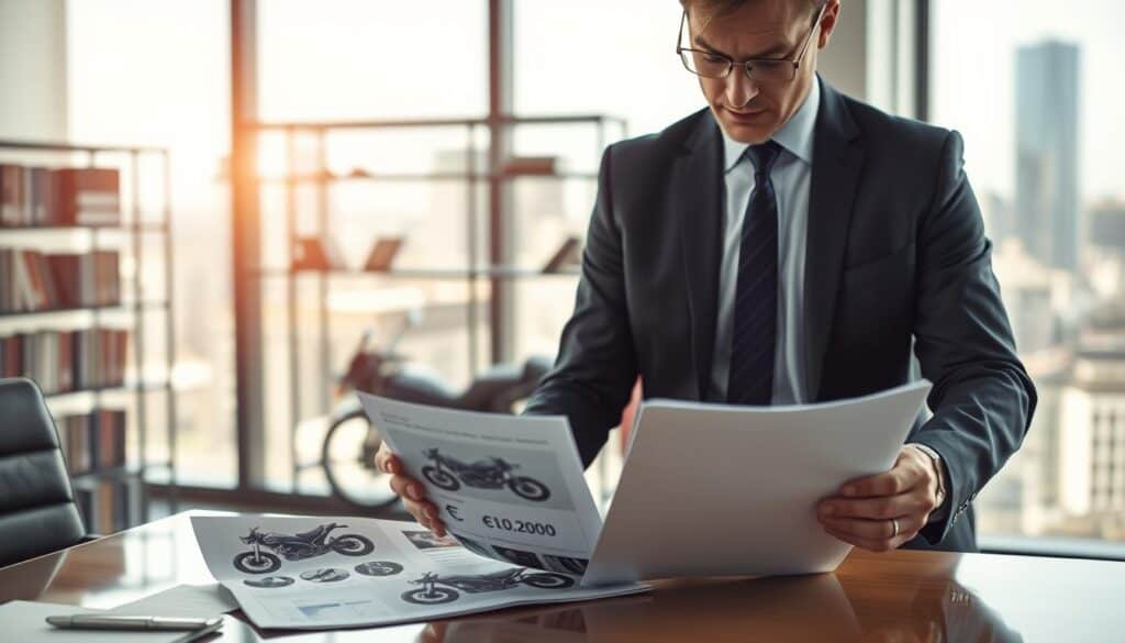 A professional office setting, featuring a confident financial advisor analyzing motorbike valuations. In the foreground, the advisor, dressed in smart business attire, examines a detailed report displaying the valuation of €10,200 for a motorcycle, with images of high-end motorbikes subtly placed on the desk. In the middle ground, a large window lets in soft, natural light, casting a warm glow over the scene, while a stylish bookshelf filled with automobile references is visible. In the background, out-of-focus city skyline adds a modern touch to the environment. The mood is serious yet optimistic, emphasizing professionalism and expertise in motorcycle valuation. The overall composition highlights the contrast between the two valuation figures while maintaining a clean, sophisticated atmosphere. A professional office setting, featuring a confident financial advisor analyzing motorbike valuations. In the foreground, the advisor, dressed in smart business attire, examines a detailed report displaying the valuation of €10,200 for a motorcycle, with images of high-end motorbikes subtly placed on the desk. In the middle ground, a large window lets in soft, natural light, casting a warm glow over the scene, while a stylish bookshelf filled with automobile references is visible. In the background, out-of-focus city skyline adds a modern touch to the environment. The mood is serious yet optimistic, emphasizing professionalism and expertise in motorcycle valuation. The overall composition highlights the contrast between the two valuation figures while maintaining a clean, sophisticated atmosphere.