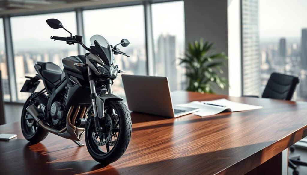 A professional office setting, showcasing a detailed 3D model of a motorcycle prominently positioned in the foreground. The motorcycle has a sleek design, reflecting modern engineering, with a shiny finish and realistic textures. In the middle ground, a laptop and documents lay open on a polished wooden desk, highlighting an insurance assessment process. Behind, a large window reveals a cityscape, providing natural light that creates a bright and engaging atmosphere. The scene is captured with a slightly elevated angle, giving depth to the image. Soft shadows enhance the texture of the surfaces, while the overall mood conveys a sense of professionalism and high-value expertise in motorcycle insurance assessment. A professional office setting, showcasing a detailed 3D model of a motorcycle prominently positioned in the foreground. The motorcycle has a sleek design, reflecting modern engineering, with a shiny finish and realistic textures. In the middle ground, a laptop and documents lay open on a polished wooden desk, highlighting an insurance assessment process. Behind, a large window reveals a cityscape, providing natural light that creates a bright and engaging atmosphere. The scene is captured with a slightly elevated angle, giving depth to the image. Soft shadows enhance the texture of the surfaces, while the overall mood conveys a sense of professionalism and high-value expertise in motorcycle insurance assessment.