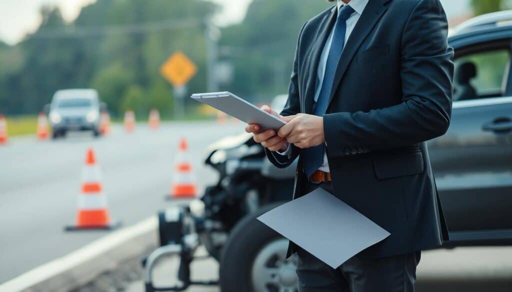 A professional road accident appraiser, wearing a smart suit with a clipboard in hand, stands confidently beside a damaged car on a roadside. He is inspecting the vehicle with focused attention, examining the structural damage and taking notes. In the background, there are blurred outlines of emergency cones and a traffic scene, hinting at the aftermath of an accident. The lighting is soft and natural, suggesting early morning or late afternoon, casting gentle shadows. The camera angle is slightly low, emphasizing the appraiser’s professionalism and expertise. The mood is serious yet composed, conveying the importance of accurate assessments in accident evaluations. A professional road accident appraiser, wearing a smart suit with a clipboard in hand, stands confidently beside a damaged car on a roadside. He is inspecting the vehicle with focused attention, examining the structural damage and taking notes. In the background, there are blurred outlines of emergency cones and a traffic scene, hinting at the aftermath of an accident. The lighting is soft and natural, suggesting early morning or late afternoon, casting gentle shadows. The camera angle is slightly low, emphasizing the appraiser’s professionalism and expertise. The mood is serious yet composed, conveying the importance of accurate assessments in accident evaluations.