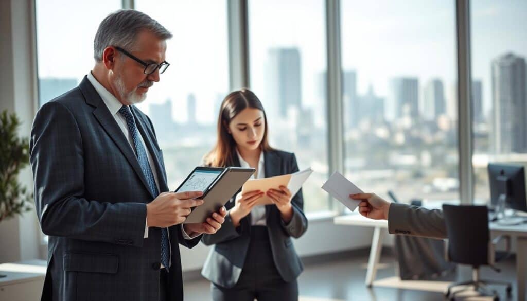 A professional setting depicting two business professionals engaged in a discussion regarding vehicle damage assessment. In the foreground, one professional, a middle-aged man in a tailored suit, holds a tablet displaying detailed data, while the other, a young woman in a smart business outfit, takes notes with an expression of focused interest. In the middle ground, a sleek office environment with documents and a desktop computer is visible, emphasizing a modern workplace. The background showcases a large window with a city skyline, suggesting an urban atmosphere. Soft, natural lighting streams in, creating a calm yet serious mood, with a slight depth of field effect to draw attention to the discussion between the two professionals. A professional setting depicting two business professionals engaged in a discussion regarding vehicle damage assessment. In the foreground, one professional, a middle-aged man in a tailored suit, holds a tablet displaying detailed data, while the other, a young woman in a smart business outfit, takes notes with an expression of focused interest. In the middle ground, a sleek office environment with documents and a desktop computer is visible, emphasizing a modern workplace. The background showcases a large window with a city skyline, suggesting an urban atmosphere. Soft, natural lighting streams in, creating a calm yet serious mood, with a slight depth of field effect to draw attention to the discussion between the two professionals.