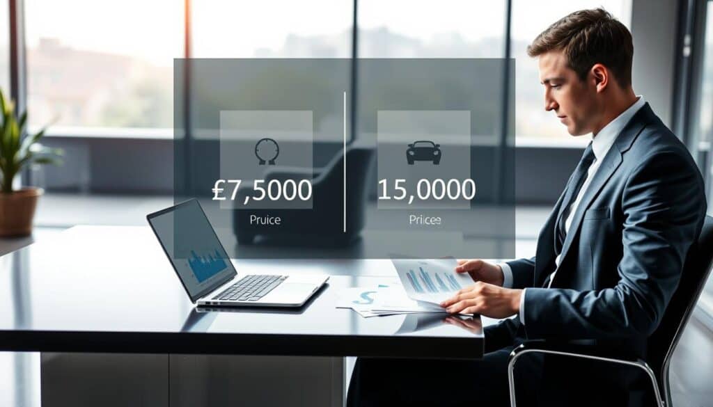 A professional setting illustrating the process of obtaining car insurance quotes from two competing providers. In the foreground, an individual in business attire is seated at a sleek desk, examining documents with a laptop open, displaying financial graphs related to car insurance prices. The middle layer features a large, transparent screen showing icons representing two insurance companies, one labeled 'EUR 7,500' and the other 'EUR 15,000,' subtly emphasizing the comparison in quotes. The background showcases a modern office environment with large windows allowing natural light to flood the room, creating a bright and optimistic atmosphere. The overall mood is focused and analytical, emphasizing professionalism and financial assessment. The lighting is soft, highlighting the subjects without harsh shadows. A professional setting illustrating the process of obtaining car insurance quotes from two competing providers. In the foreground, an individual in business attire is seated at a sleek desk, examining documents with a laptop open, displaying financial graphs related to car insurance prices. The middle layer features a large, transparent screen showing icons representing two insurance companies, one labeled 'EUR 7,500' and the other 'EUR 15,000,' subtly emphasizing the comparison in quotes. The background showcases a modern office environment with large windows allowing natural light to flood the room, creating a bright and optimistic atmosphere. The overall mood is focused and analytical, emphasizing professionalism and financial assessment. The lighting is soft, highlighting the subjects without harsh shadows.
