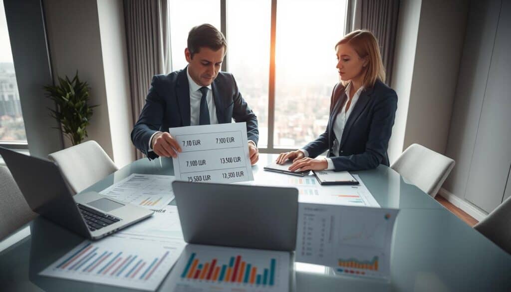 A professional, well-lit office setting where two financial analysts, dressed in business attire, are engaged in a discussion over a large table covered with documents and a laptop. In the foreground, one analyst points at a graph comparing insurance valuations, with "7,100 EUR" and "13,500 EUR" prominently depicted on charts and spreadsheets. The middle ground features detailed financial charts and colorful graphs illustrating the differences in valuations. In the background, a large window reveals a city skyline, symbolizing the corporate environment. Soft, natural light filters in, creating a calm and focused atmosphere, emphasizing the seriousness of the financial analysis while maintaining a sense of professionalism. The overall tone is analytical and insightful, suited for a comparison of different insurance valuations. A professional, well-lit office setting where two financial analysts, dressed in business attire, are engaged in a discussion over a large table covered with documents and a laptop. In the foreground, one analyst points at a graph comparing insurance valuations, with "7,100 EUR" and "13,500 EUR" prominently depicted on charts and spreadsheets. The middle ground features detailed financial charts and colorful graphs illustrating the differences in valuations. In the background, a large window reveals a city skyline, symbolizing the corporate environment. Soft, natural light filters in, creating a calm and focused atmosphere, emphasizing the seriousness of the financial analysis while maintaining a sense of professionalism. The overall tone is analytical and insightful, suited for a comparison of different insurance valuations.