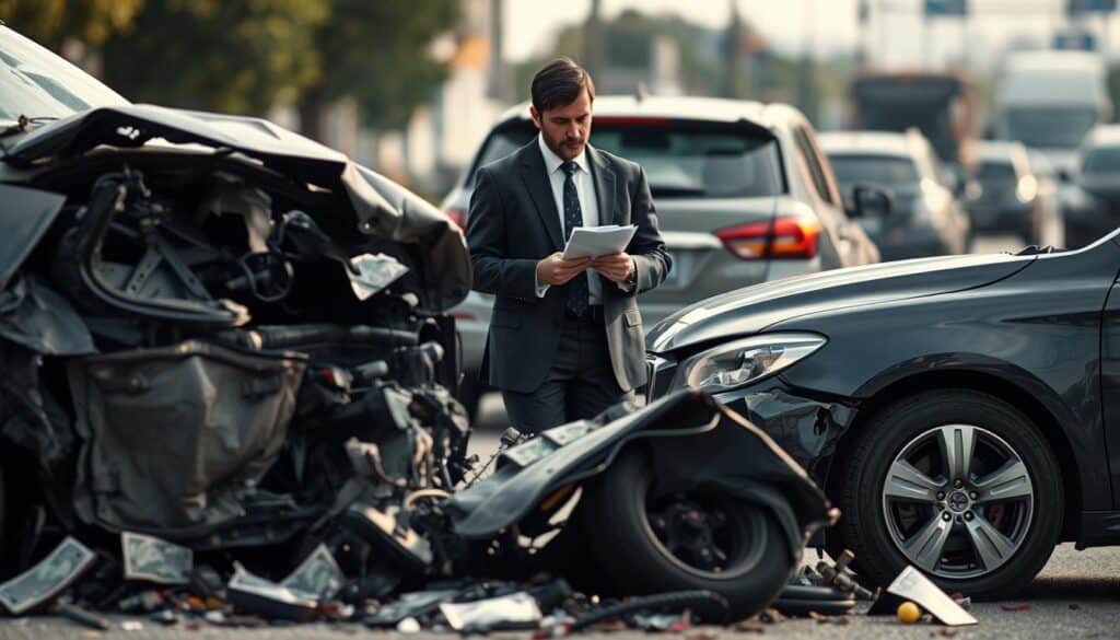 A realistic depiction of a car accident scene showcasing vehicle damage with emphasized details on crumpled metal, shattered glass, and airbags deployed. In the foreground, focus on a totalled car, its body bent and paint chipped, surrounded by broken debris. In the middle ground, include a second vehicle slightly damaged, with a calm insurance adjuster in professional attire examining the damage closely and taking notes. In the background, depict a blurred traffic setting, suggesting a busy street, under soft, natural daylight that casts gentle shadows. The mood conveys seriousness and professionalism, reflecting the impact of market conditions on insurance evaluations, with an emotionally neutral atmosphere. Use a shallow depth of field to draw attention to the vehicle damage and the adjuster’s focused expression. A realistic depiction of a car accident scene showcasing vehicle damage with emphasized details on crumpled metal, shattered glass, and airbags deployed. In the foreground, focus on a totalled car, its body bent and paint chipped, surrounded by broken debris. In the middle ground, include a second vehicle slightly damaged, with a calm insurance adjuster in professional attire examining the damage closely and taking notes. In the background, depict a blurred traffic setting, suggesting a busy street, under soft, natural daylight that casts gentle shadows. The mood conveys seriousness and professionalism, reflecting the impact of market conditions on insurance evaluations, with an emotionally neutral atmosphere. Use a shallow depth of field to draw attention to the vehicle damage and the adjuster’s focused expression.