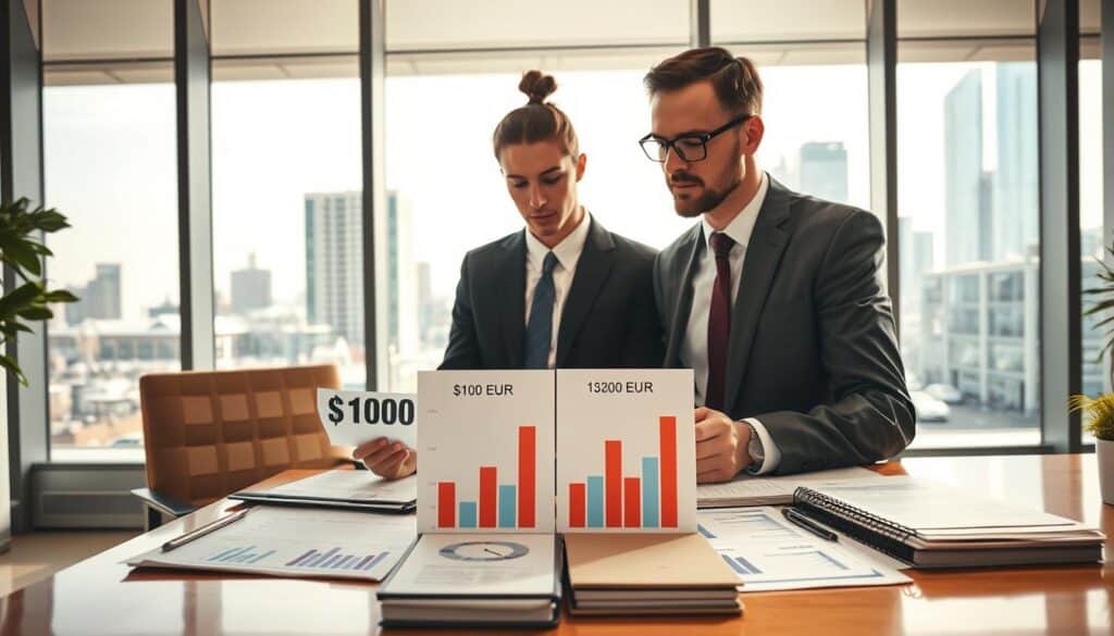 A split composition illustrating the benefits and limitations of insurance valuation. The foreground features a professional insurance adjuster, dressed in formal business attire, discussing with a skilled appraiser in a modern office setting, with financial documents and digital tools on the desk. In the middle ground, charts and graphs are displayed, showing contrasting valuation amounts: 6,100 EUR and 13,200 EUR. The background showcases a large window revealing a cityscape, suggesting a dynamic urban environment. The lighting is bright and warm, creating an inviting atmosphere, with a focus on collaboration and analysis. The overall mood is professional and informative, reflecting careful consideration and expertise in the field of insurance valuation. A split composition illustrating the benefits and limitations of insurance valuation. The foreground features a professional insurance adjuster, dressed in formal business attire, discussing with a skilled appraiser in a modern office setting, with financial documents and digital tools on the desk. In the middle ground, charts and graphs are displayed, showing contrasting valuation amounts: 6,100 EUR and 13,200 EUR. The background showcases a large window revealing a cityscape, suggesting a dynamic urban environment. The lighting is bright and warm, creating an inviting atmosphere, with a focus on collaboration and analysis. The overall mood is professional and informative, reflecting careful consideration and expertise in the field of insurance valuation.