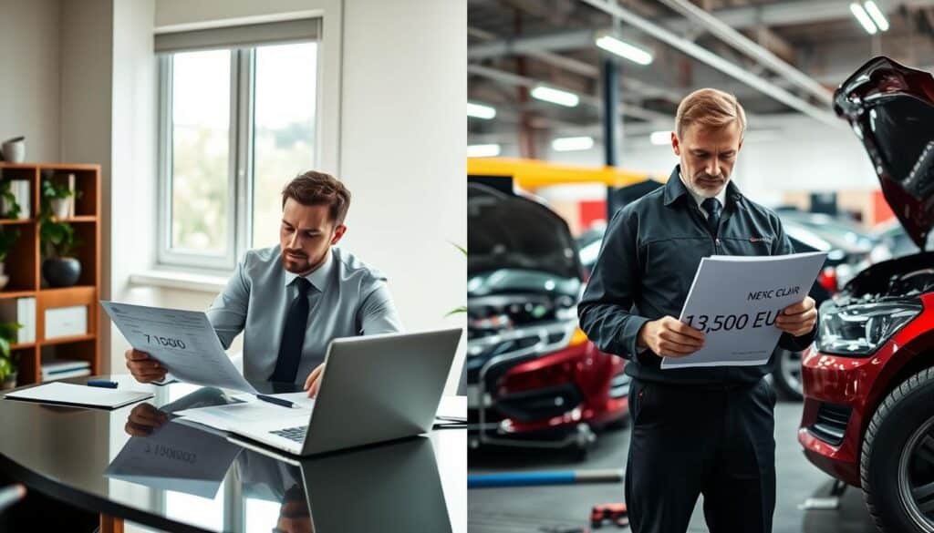A split image depicting the contrasting evaluations of car insurance claims. On the left, a serene office environment featuring a professional insurance adjuster reviewing documents at a desk, with a focus on a laptop displaying a figure of 7,100 EUR. The adjuster, wearing smart business attire, appears thoughtful and analytical. On the right, a more dynamic scene shows a car expert in a workshop, surrounded by car parts and tools, assessing a vehicle with a clipboard in hand, highlighting the figure 13,500 EUR. Soft natural lighting filters through the office windows, creating a calm atmosphere, while the workshop is illuminated by bright overhead lights. The background includes muted colors to maintain focus on the subjects, conveying a sense of professionalism and expertise in making informed recommendations for clients. A split image depicting the contrasting evaluations of car insurance claims. On the left, a serene office environment featuring a professional insurance adjuster reviewing documents at a desk, with a focus on a laptop displaying a figure of 7,100 EUR. The adjuster, wearing smart business attire, appears thoughtful and analytical. On the right, a more dynamic scene shows a car expert in a workshop, surrounded by car parts and tools, assessing a vehicle with a clipboard in hand, highlighting the figure 13,500 EUR. Soft natural lighting filters through the office windows, creating a calm atmosphere, while the workshop is illuminated by bright overhead lights. The background includes muted colors to maintain focus on the subjects, conveying a sense of professionalism and expertise in making informed recommendations for clients.