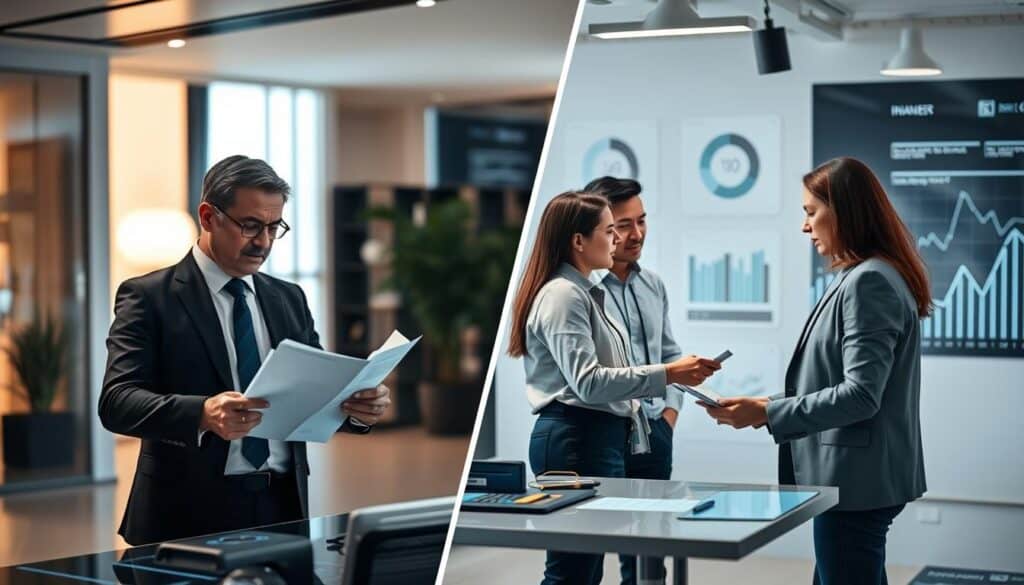 A split scene comparing two insurance valuations. On the left, a sleek, modern office environment representing the traditional insurer with a professional in a suit analyzing financial documents, illuminated by warm, soft lighting creating a serious atmosphere. On the right, a contemporary workspace showcasing MOTOEXPERT, with a focus on innovative valuation techniques, featuring a relaxed professional in smart casual attire discussing with colleagues around a high-tech digital display. The background should show abstract graphs and charts, symbolizing valuation criteria. The foreground should provide a clear visual contrast between the two approaches, using sharp focus on the subjects and a slight blur on the background to emphasize the professionals' interactions. A split scene comparing two insurance valuations. On the left, a sleek, modern office environment representing the traditional insurer with a professional in a suit analyzing financial documents, illuminated by warm, soft lighting creating a serious atmosphere. On the right, a contemporary workspace showcasing MOTOEXPERT, with a focus on innovative valuation techniques, featuring a relaxed professional in smart casual attire discussing with colleagues around a high-tech digital display. The background should show abstract graphs and charts, symbolizing valuation criteria. The foreground should provide a clear visual contrast between the two approaches, using sharp focus on the subjects and a slight blur on the background to emphasize the professionals' interactions.