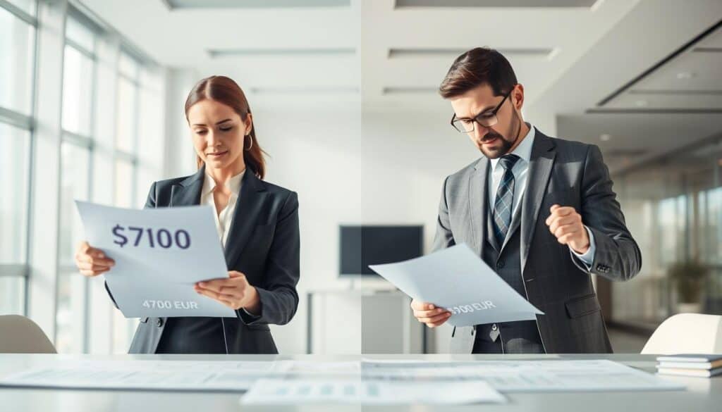 A split-screen comparison of insurance costs, featuring a sleek, modern office environment. On the left side, display a professional-looking businesswoman analyzing a document labeled "4700 EUR" with a thoughtful expression, dressed in smart business attire. On the right side, show a businessman in a sharp suit examining another document labeled "9900 EUR," looking confident and focused. The background should depict a clean, minimalist office with large windows letting in soft, natural light, creating a bright and professional atmosphere. The foreground should have subtle charts and graphs, signifying data analysis, while the overall mood conveys a sense of diligence and accuracy in financial decision-making. Use a soft focus lens to enhance the professional context without distractions. A split-screen comparison of insurance costs, featuring a sleek, modern office environment. On the left side, display a professional-looking businesswoman analyzing a document labeled "4700 EUR" with a thoughtful expression, dressed in smart business attire. On the right side, show a businessman in a sharp suit examining another document labeled "9900 EUR," looking confident and focused. The background should depict a clean, minimalist office with large windows letting in soft, natural light, creating a bright and professional atmosphere. The foreground should have subtle charts and graphs, signifying data analysis, while the overall mood conveys a sense of diligence and accuracy in financial decision-making. Use a soft focus lens to enhance the professional context without distractions.