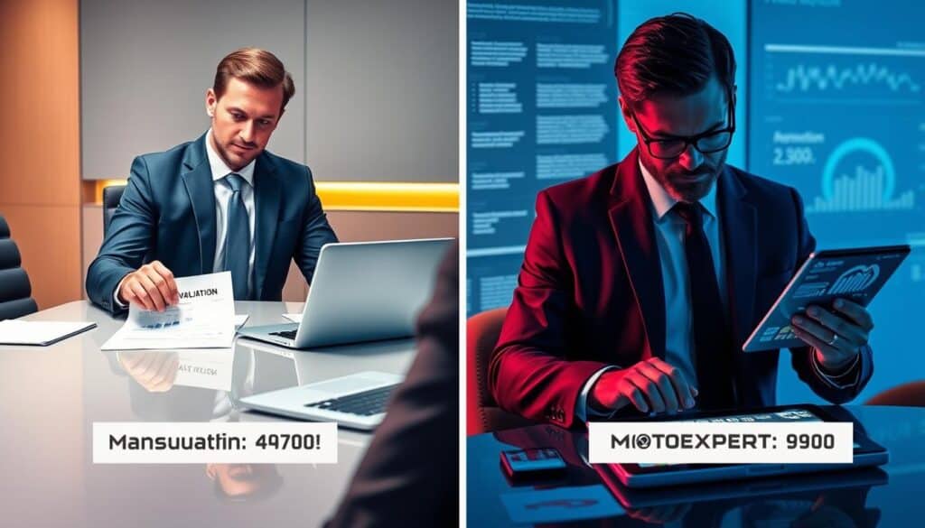 A split-screen image comparing two insurance valuation scenarios: on the left, illustrate a professional meeting setting with a sleek conference table, where a businessman in a sharp suit reviews a document titled "Insurance Valuation: 4700 EUR". Include a warm, focused lighting illuminating the faces of the participants, a laptop displaying charts and graphs related to valuations, and a confident expression on the businessman's face. On the right, depict a contrasting scene with another businessman in the same professional attire analyzing a report marked "MOTOEXPERT: 9900 EUR", surrounded by modern technology, a digital tablet with vibrant visuals showing detailed statistical data, and soft blue lighting that conveys a sense of innovation. The overall mood should reflect analytical professionalism and thoughtful comparison. A split-screen image comparing two insurance valuation scenarios: on the left, illustrate a professional meeting setting with a sleek conference table, where a businessman in a sharp suit reviews a document titled "Insurance Valuation: 4700 EUR". Include a warm, focused lighting illuminating the faces of the participants, a laptop displaying charts and graphs related to valuations, and a confident expression on the businessman's face. On the right, depict a contrasting scene with another businessman in the same professional attire analyzing a report marked "MOTOEXPERT: 9900 EUR", surrounded by modern technology, a digital tablet with vibrant visuals showing detailed statistical data, and soft blue lighting that conveys a sense of innovation. The overall mood should reflect analytical professionalism and thoughtful comparison.