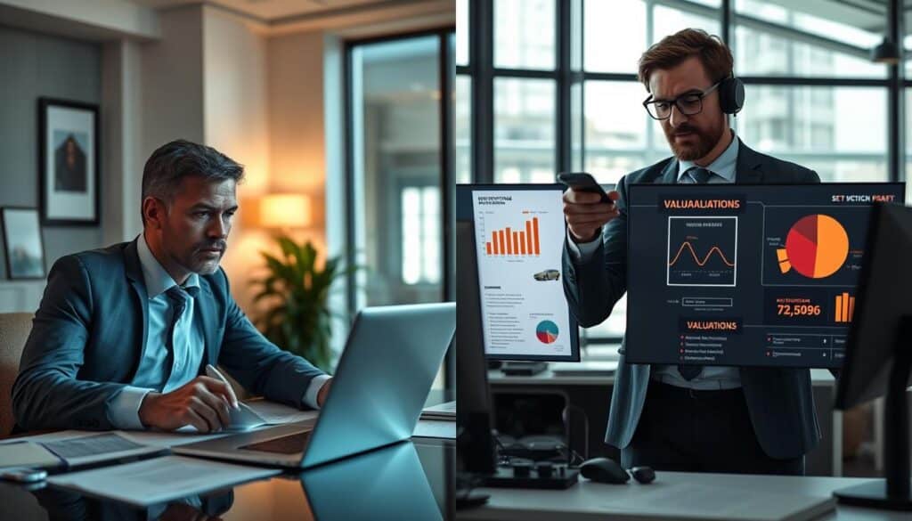 A split-screen image showcasing two contrasting valuation scenarios: on the left, a professional insurance adjuster in business attire analyzing data on a laptop, illuminated by soft office lighting, with financial documents spread across a desk; on the right, a business consultant in smart casual wear engaging with high-tech equipment, showcasing a detailed infographic of vehicle valuations. The background features a modern office environment with large windows letting in natural light, and charts displayed on screens. Emphasize a serious tone, highlighting the key differences in valuations between the two scenarios. The atmosphere should convey professionalism and analytical focus, capturing the essence of financial evaluation comparisons. A split-screen image showcasing two contrasting valuation scenarios: on the left, a professional insurance adjuster in business attire analyzing data on a laptop, illuminated by soft office lighting, with financial documents spread across a desk; on the right, a business consultant in smart casual wear engaging with high-tech equipment, showcasing a detailed infographic of vehicle valuations. The background features a modern office environment with large windows letting in natural light, and charts displayed on screens. Emphasize a serious tone, highlighting the key differences in valuations between the two scenarios. The atmosphere should convey professionalism and analytical focus, capturing the essence of financial evaluation comparisons.