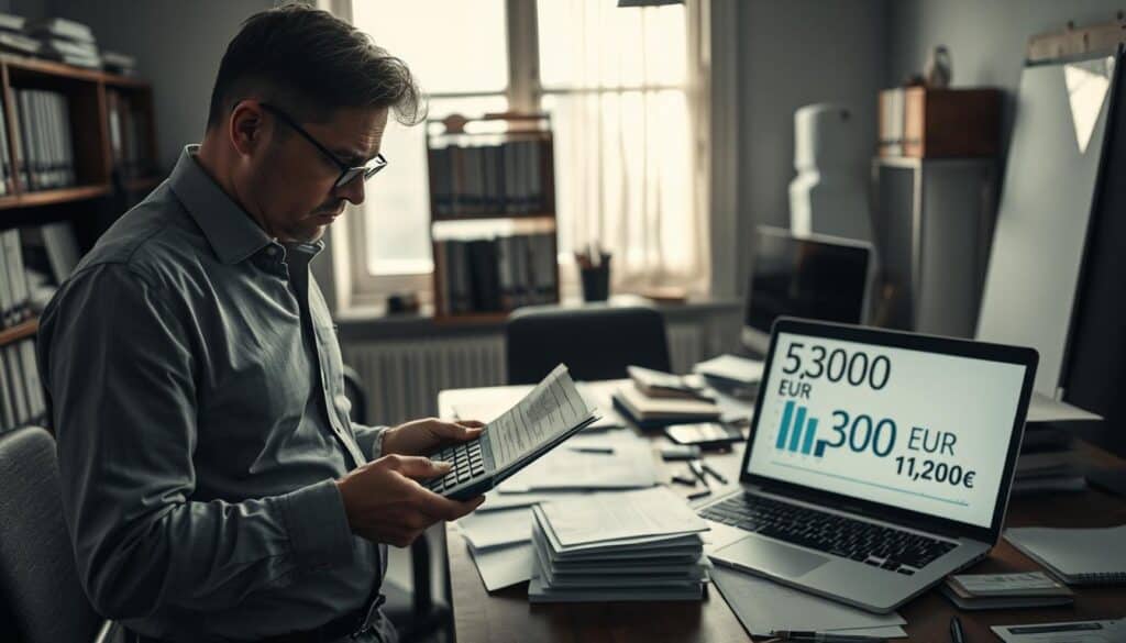 A tense office environment illustrating the theme of "incorrect damage assessment." In the foreground, a serious-looking insurance adjuster, dressed in professional attire, examines papers with a calculator in his hands, showing signs of frustration. In the middle, a large desk cluttered with various documents, charts, and a laptop displaying contrasting damage evaluations; one labeled 5,300 EUR and the other 12,000 EUR. The background features a dimly lit office space with shelves filled with insurance files and a window casting soft natural light, creating a contrast between the sharpness of the numbers and the somber atmosphere. The mood is tense, highlighting the discrepancies in valuation and the impact on clients' trust. A tense office environment illustrating the theme of "incorrect damage assessment." In the foreground, a serious-looking insurance adjuster, dressed in professional attire, examines papers with a calculator in his hands, showing signs of frustration. In the middle, a large desk cluttered with various documents, charts, and a laptop displaying contrasting damage evaluations; one labeled 5,300 EUR and the other 12,000 EUR. The background features a dimly lit office space with shelves filled with insurance files and a window casting soft natural light, creating a contrast between the sharpness of the numbers and the somber atmosphere. The mood is tense, highlighting the discrepancies in valuation and the impact on clients' trust.