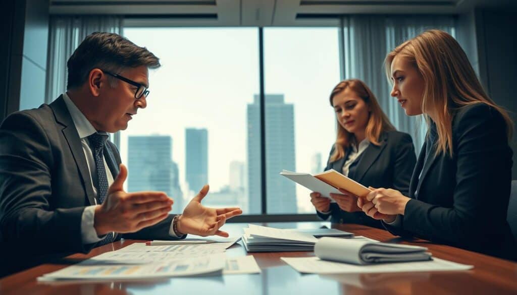 A tense scene of a professional debate between an insurance adjuster and an appraiser, both dressed in business attire, standing at a conference table covered with documents and calculation charts. In the foreground, the insurance adjuster, a middle-aged man with dark hair and glasses, gestures emphatically while making a point. The appraiser, a young woman with blonde hair pulled back, listens intently, her expression thoughtful as she takes notes. In the middle ground, a large window shows a bright city landscape, suggesting a modern office environment. Soft overhead lighting casts a warm glow on the scene, creating a serious yet constructive atmosphere. The angle captures both figures mid-discussion, implying a clash of perspectives on valuation, emphasizing the focus on customer outcomes. A tense scene of a professional debate between an insurance adjuster and an appraiser, both dressed in business attire, standing at a conference table covered with documents and calculation charts. In the foreground, the insurance adjuster, a middle-aged man with dark hair and glasses, gestures emphatically while making a point. The appraiser, a young woman with blonde hair pulled back, listens intently, her expression thoughtful as she takes notes. In the middle ground, a large window shows a bright city landscape, suggesting a modern office environment. Soft overhead lighting casts a warm glow on the scene, creating a serious yet constructive atmosphere. The angle captures both figures mid-discussion, implying a clash of perspectives on valuation, emphasizing the focus on customer outcomes.