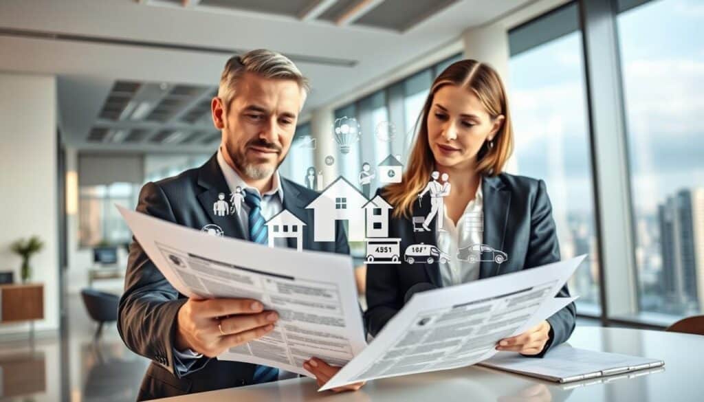 A visually compelling representation of personal property insurance concepts, showcasing two insurance agents in a modern office setting. In the foreground, the agents—one man and one woman—are dressed in professional business attire, engaged in a discussion over a detailed policy document highlighting benefits and coverage. In the middle, an array of family and property-related imagery, like homes, cars, and valuable possessions, subtly surrounds the agents, suggesting the impact of insurance choices. The background features a well-lit, sleek office with large windows, providing a view of a city skyline, creating a professional atmosphere. Soft, natural lighting enhances the scene, evoking a sense of trust and security, perfect for conveying the section's recommendations for clients. A visually compelling representation of personal property insurance concepts, showcasing two insurance agents in a modern office setting. In the foreground, the agents—one man and one woman—are dressed in professional business attire, engaged in a discussion over a detailed policy document highlighting benefits and coverage. In the middle, an array of family and property-related imagery, like homes, cars, and valuable possessions, subtly surrounds the agents, suggesting the impact of insurance choices. The background features a well-lit, sleek office with large windows, providing a view of a city skyline, creating a professional atmosphere. Soft, natural lighting enhances the scene, evoking a sense of trust and security, perfect for conveying the section's recommendations for clients.