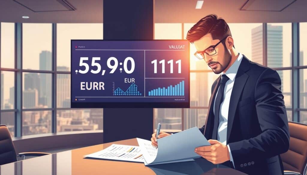 A visually engaging illustration emphasizing the benefits of valuation in an insurance context. In the foreground, a confident business professional in a tailored suit (male or female) examines financial documents on a sleek, modern desk, showcasing sharp focus on their face, reflecting determination. In the middle ground, a large digital screen displays contrasting figures, such as “5,900 EUR” and “11,800 EUR,” symbolizing two different evaluations, with graphs and charts that highlight cost analysis. The background features a sophisticated office setting with city skyline views through large windows, bathed in warm, natural light. The overall mood is professional and insightful, encouraging reflection on financial decisions and their impacts. A visually engaging illustration emphasizing the benefits of valuation in an insurance context. In the foreground, a confident business professional in a tailored suit (male or female) examines financial documents on a sleek, modern desk, showcasing sharp focus on their face, reflecting determination. In the middle ground, a large digital screen displays contrasting figures, such as “5,900 EUR” and “11,800 EUR,” symbolizing two different evaluations, with graphs and charts that highlight cost analysis. The background features a sophisticated office setting with city skyline views through large windows, bathed in warm, natural light. The overall mood is professional and insightful, encouraging reflection on financial decisions and their impacts.