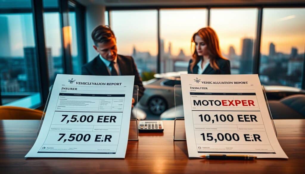 A visually striking comparison of two vehicle valuation reports, one labeled "Insurer" valued at 7,500 EUR and the other labeled "MOTOEXPERT" valued at 15,000 EUR. In the foreground, display the two reports side by side on a sleek, modern wooden desk, with a calculator and a pen nearby. In the middle ground, include two business professionals, one in a suit and the other in smart casual attire, analyzing the reports with focused expressions. The background features a softly lit office environment with large windows revealing a city skyline. The lighting is warm, creating an inviting and professional atmosphere. The overall mood is serious and analytical, embodying the importance of making informed decisions in vehicle valuations. A visually striking comparison of two vehicle valuation reports, one labeled "Insurer" valued at 7,500 EUR and the other labeled "MOTOEXPERT" valued at 15,000 EUR. In the foreground, display the two reports side by side on a sleek, modern wooden desk, with a calculator and a pen nearby. In the middle ground, include two business professionals, one in a suit and the other in smart casual attire, analyzing the reports with focused expressions. The background features a softly lit office environment with large windows revealing a city skyline. The lighting is warm, creating an inviting and professional atmosphere. The overall mood is serious and analytical, embodying the importance of making informed decisions in vehicle valuations.